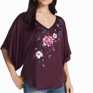 White House Black Market Burgundy Embroidered Dolman Sleeve Kimono Blouse